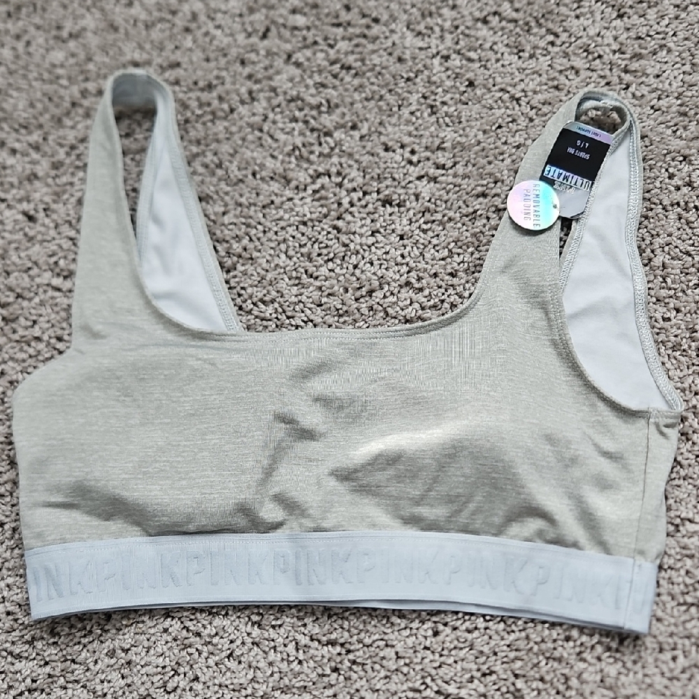 NWT Victoria's Secret Pink Ultimate Gray Sports Bra Top Removable Padding Large